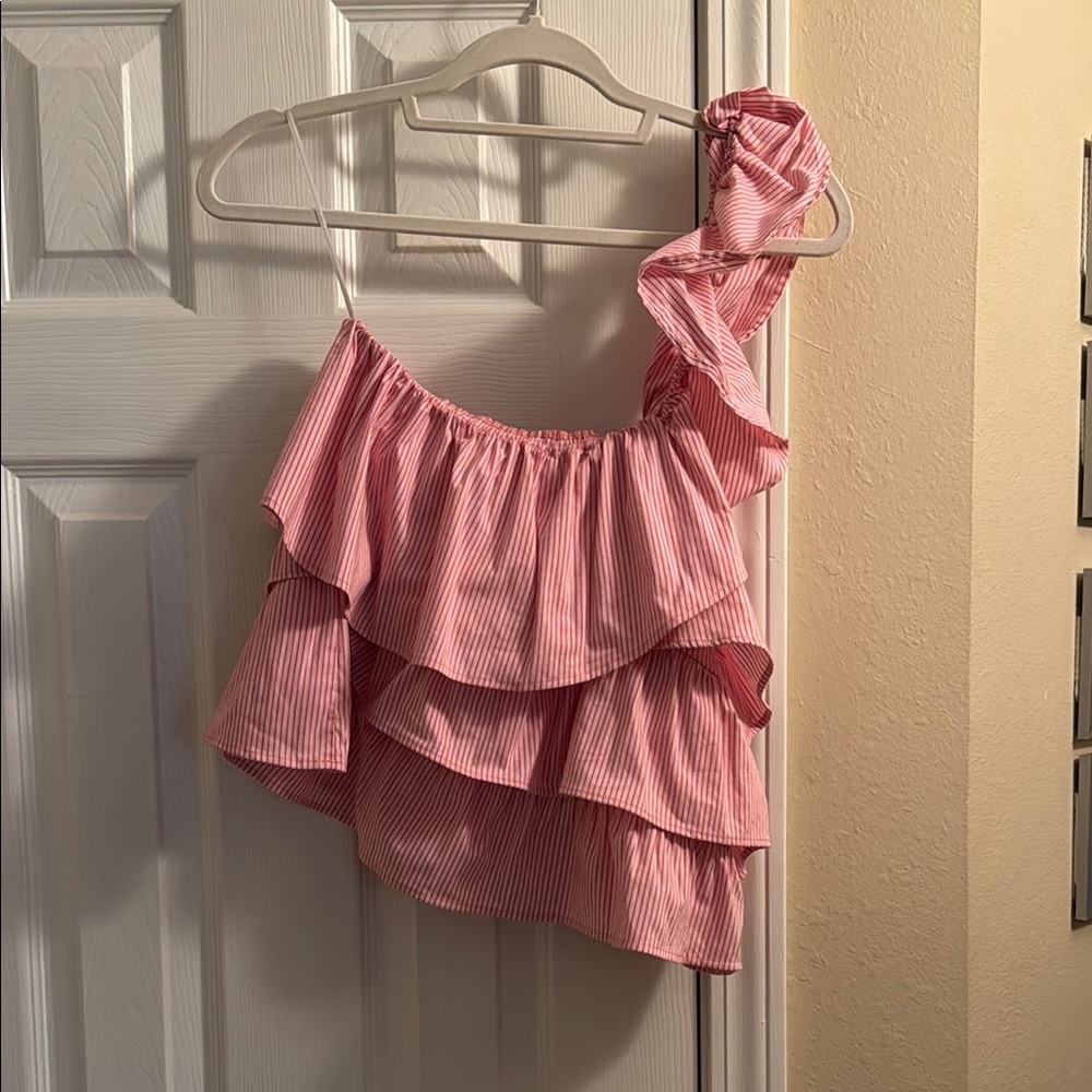 NWT Anthropologie Maeve Pink & White Striped One-Shoulder Top - Size Medium